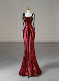 Stunning Wine Red Straps Sequins Mermaid Long Evening Party Dress HZ0319