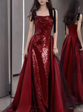Stunning Wine Red Straps Sequins Mermaid Long Evening Party Dress HZ0319