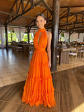 Orange V Neck Halter A-Line Tulle Long Formal Party Dress HZ0319