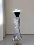 Black and Silver Strapless Mermaid Sequins Long Formal Evening Party Dress HZ0319