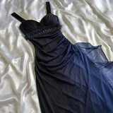 Dark Blue Straps Chiffon Vintage Long Party Dress Prom Gown HZ0319