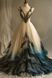 White V Neck Straps A-Line Beading Chiffon Long Prom Dress Evening Gown, HZ0319