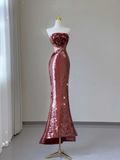 Wine Red Strapless Cut Out Mermaid Sequins Long Formal Evening Party Dress HZ0319