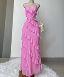 Pink Spaghetti Straps Sheath Ruffles Long Party Dress Birthday Outfits HZ0319