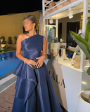 Navy Blue One Shoulder A-Line Satin Long Formal Evening Party Dress HZ0319