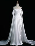White Off Shoulder A-Line Satin Long Formal Party Dress HZ0319