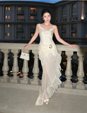 Elegant Ivory Spaghetti Straps Sheath Ruffles Vintage Long Party Dress HZ0319