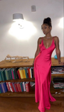 Hot Pink V Neck Straps Satin Sheath Long Party Dress HZ0319