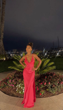Hot Pink V Neck Straps Satin Sheath Long Party Dress HZ0319