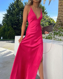 Hot Pink V Neck Straps Satin Sheath Long Party Dress HZ0319