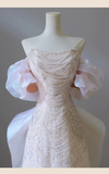 Light Pink Off Shoulder A-Line Sequins Pearls Long Formal Party Dress HZ0319