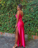 Hot Pink V Neck Straps Satin Sheath Long Party Dress HZ0319