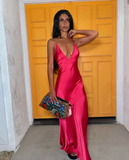 Hot Pink V Neck Straps Satin Sheath Long Party Dress HZ0319