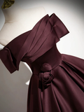Dark Burgundy Satin Elegant A-Line Off Shoulder Evening Gown Formal Party Dress HZ0319