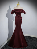 Burgundy Satin Mermaid Off Shoulder Formal Evening Party Dress HZ0319