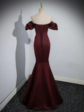 Burgundy Satin Mermaid Off Shoulder Formal Evening Party Dress HZ0319