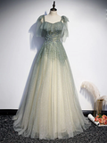 Gray Green Tulle A-Line Sequin Beads Long Prom Dress Evening Dress HZ0319