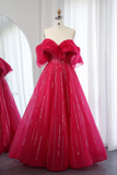 Hot Pink Off Shoulder Long Prom Dress, A Line Party Dresses With Sequin HZ0319