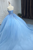 Shiny Ball Gown Blue Tulle A-Line Long Party Prom Dresses Evening Dress HZ0319