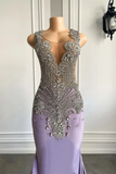 Lilac Sleeveless Mermaid Long Prom Dress with Crystal Beadings HZ0319