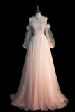 Light Pink Off Shoulder A-Line Tulle Long Formal Prom Dress Birthday Dress HZ0319