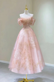 Pink Off Shoulder A-Line Midi Prom Dress Elegant Party Dress HZ0319