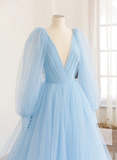 Light Blue Long Sleeves V Neck Long Formal Dress A-Line Evening Dress HZ0319