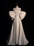 Elegant White Off Shoulder A-Line Satin Wedding Dress Birthday Gown HZ0319