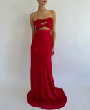 Simple Red Strapless Sheath Satin Long Prom Dress Evening Party Dress HZ0319