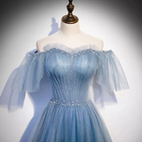Shiny Blue Off Shoulder Beading Tulle Formal Evening Gown Prom Dress HZ0319