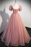 Pink A-Line Ball Gown Bling Tulle Long Prom Dress with Short Sleeves HZ0319