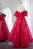 Hot Pink Off Shoulder Long Prom Dress, A Line Party Dresses With Sequin HZ0319