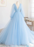 Light Blue Long Sleeves V Neck Long Formal Dress A-Line Evening Dress HZ0319