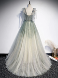 Gray Green Tulle A-Line Sequin Beads Long Prom Dress Evening Dress HZ0319