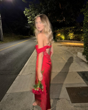 Sexy Red V Neck Lace Satin Long Evening Party Dress with Short Sleeves HZ0319