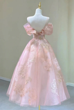 Pink Off Shoulder A-Line Midi Prom Dress Elegant Party Dress HZ0319