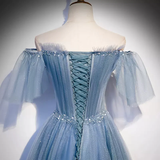 Shiny Blue Off Shoulder Beading Tulle Formal Evening Gown Prom Dress HZ0319