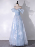 A-Line Off Shoulder Tulle Lace Blue Long Prom Dress, Blue Long Formal Dress HZ0319