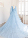 Light Blue Long Sleeves V Neck Long Formal Dress A-Line Evening Dress HZ0319