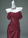 Burgundy Off Shoulder Mermaid Satin Long Formal Evening Party Dresses, HZ0319