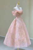 Pink Off Shoulder A-Line Midi Prom Dress Elegant Party Dress HZ0319
