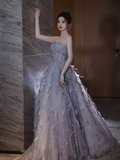 Stunning Strapless A-Line Tulle Long Prom Dress Evening Gown, HZ0319