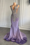 Lilac Sleeveless Mermaid Long Prom Dress with Crystal Beadings HZ0319