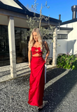 Simple Red Strapless Sheath Satin Long Prom Dress Evening Party Dress HZ0319