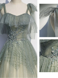 Gray Green Tulle A-Line Sequin Beads Long Prom Dress Evening Dress HZ0319