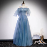 Shiny Blue Off Shoulder Beading Tulle Formal Evening Gown Prom Dress HZ0319