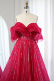Hot Pink Off Shoulder Long Prom Dress, A Line Party Dresses With Sequin HZ0319