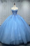 Shiny Ball Gown Blue Tulle A-Line Long Party Prom Dresses Evening Dress HZ0319