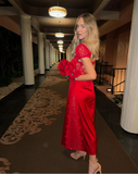 Sexy Red V Neck Lace Satin Long Evening Party Dress with Short Sleeves HZ0319