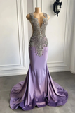 Lilac Sleeveless Mermaid Long Prom Dress with Crystal Beadings HZ0319